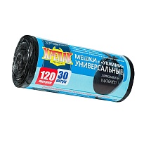 Мешки для мусора 120 л, с ушками, черные, в рулоне 30 шт., ПНД, 15 мкм, 1100х700 мм, Крепак, 4607075710375 в Твери